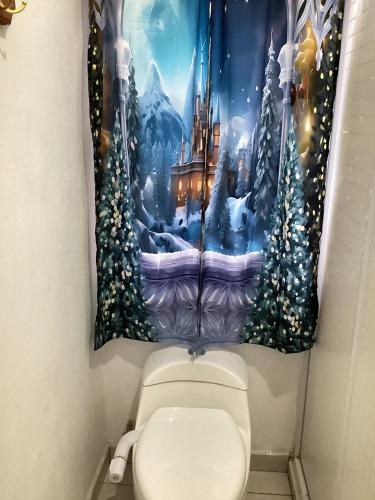 a toilet in a bathroom with a snow themed shower curtain at Vuelo del Águila 4 suites 6 bathrooms alberca in La Esperanza