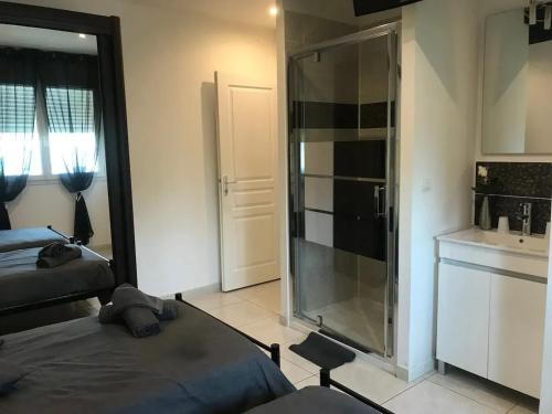 une chambre avec un lit et une douche en verre dans l'établissement Villa spacieuse avec piscine à Agde de 150 m²_2, à Agde