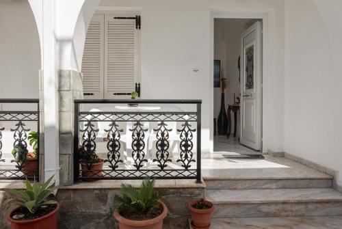 a white house with a gate and potted plants at Rumi's Paros house in the heart of Parikia in Parikia
