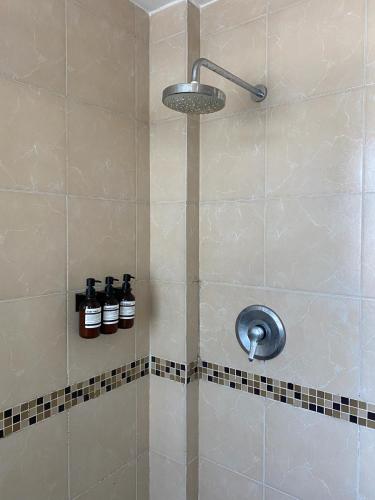 a shower with two bottles of essential oils in a bathroom at FRENTE PLAYA vista al mar, PISCINA DE USO EXCLUSIVO in Boca del Río