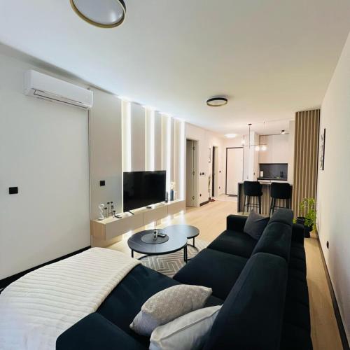 a living room with a black couch and a living room at Apartman1105 Sarajevo Free Garage in Sarajevo