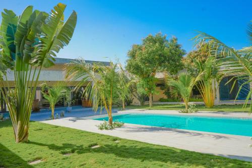 a swimming pool with palm trees next to a building at Oasis de sérénité in Ngaring