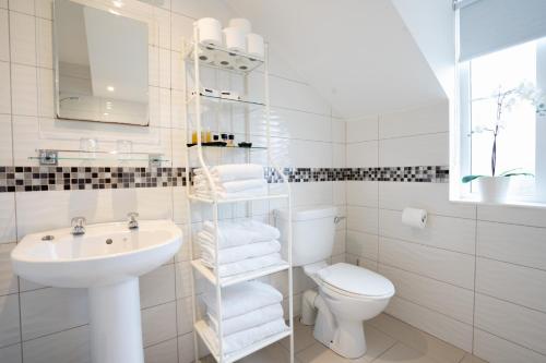 a white bathroom with a sink and a toilet at Muckross Luxury Residences in Killarney