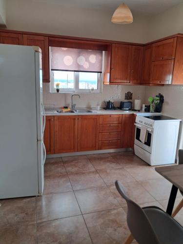 a kitchen with wooden cabinets and a white refrigerator at ILIANA.APARTMENTS in Kardamaina