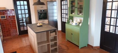 - une cuisine avec des placards verts et un comptoir dans une pièce dans l'établissement Charme authentique au coeur de saint victor malcap, à Saint-Victor-de-Malcap