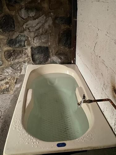 a bath tub filled with water next to a stone wall at Casa Amanda in Villa de Alvarez