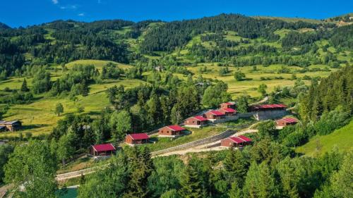 an aerial view of a village in the mountains at Danzot Tatil Köyü ve Restoran in Artvin