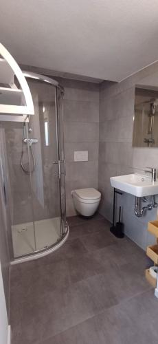 a bathroom with a shower and a toilet and a sink at Ferienwohnung nähe Marburg und Gießen in Fronhausen