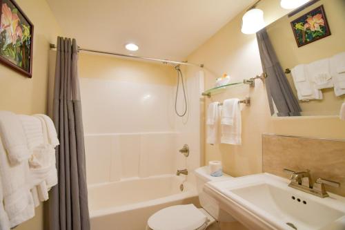 a bathroom with a tub and a toilet and a sink at Lakeshore Lodging Lodge 615 in Homer