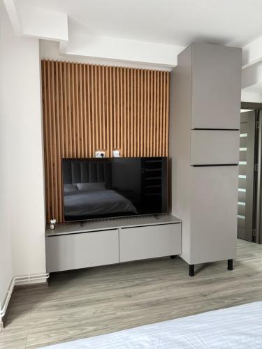 a living room with a flat screen tv on a wall at Garsoniera de lux cu balcon in Craiova