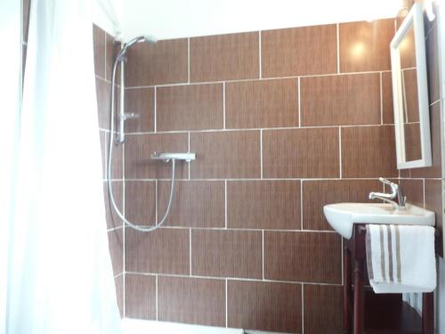 y baño de azulejos marrones con lavabo y ducha. en Jacambra, en Lédenon