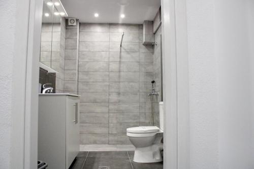 ネア・カリクラティアにあるSeaShell Oasis Apartmentの小さなバスルーム(トイレ、シャワー付)