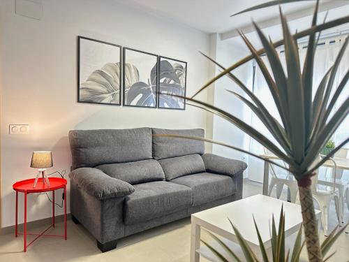 a living room with a couch and a palm tree at Apartamentos Vernia 3-9 in Xàtiva