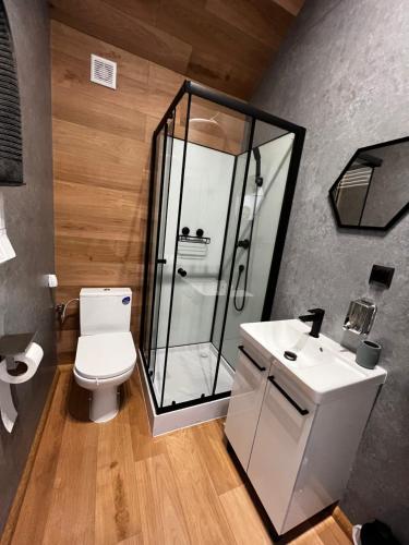 a bathroom with a shower and a toilet and a sink at Plaża Patelnia in Nowe Rumunki