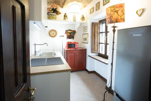a small kitchen with a sink and a microwave at GiuMa Tuscany Historic Country House with Roof Terrace near Saturnia Spa in Montemerano