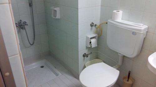 a bathroom with a shower and a toilet and a sink at Hotel Cesmeli in Bursa