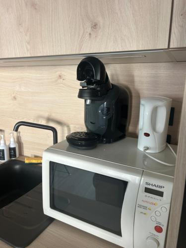 Elle comprend un four micro-ondes et une cafetière. dans l'établissement La suite Tournonaise, à Tournon-sur-Rhône