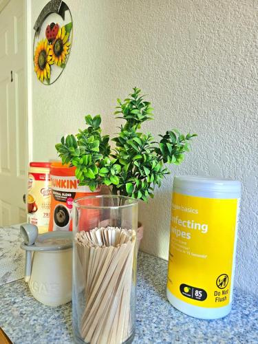 a table with a potted plant and a can on it at Nice Private Room in a House Close to Red Rock & Las Vegas Strip #1 in Las Vegas