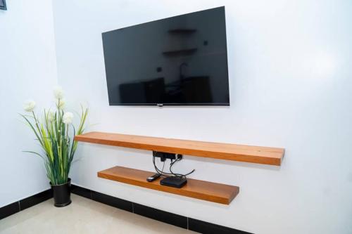 a television on a wall with a wooden shelf at Unit number 1 in Nkunjila