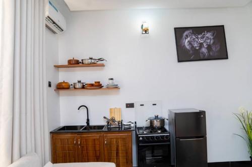 a kitchen with a sink and a stove top oven at Unit number 1 in Nkunjila