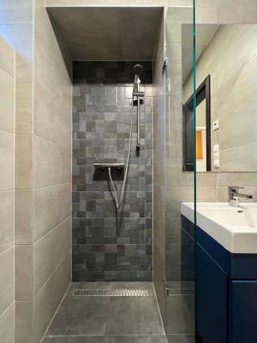 a bathroom with a shower and a sink at NMG APARTMAN - Jogász utca in Pécs
