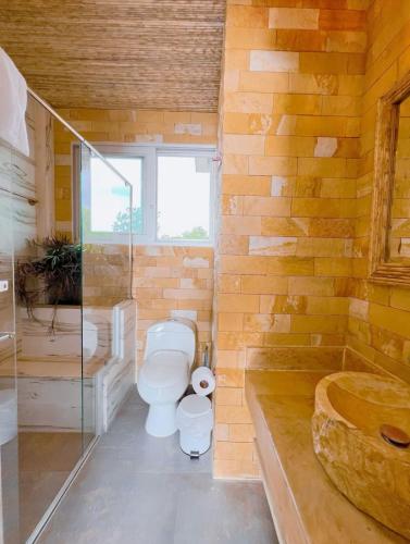 a bathroom with a toilet and a shower and a sink at Alma suite, laguna beach in Tolú