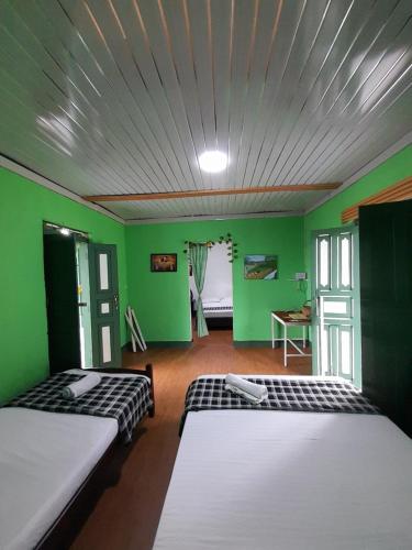 two beds in a room with green walls at MI FUNDO in Acacías