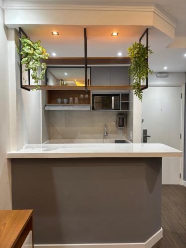 a kitchen with a sink and a counter with plants at Flat Premium -Acesso a pé ao shopping Center vale - Edifício Summit (Ar condicionado) in São José dos Campos