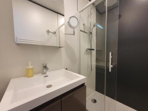 une salle de bain avec un lavabo et une douche en verre dans l'établissement Cottage du Lac 63, à Olonzac