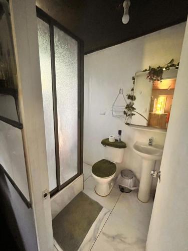 a white bathroom with a toilet and a sink at Pua vaenga in Hanga Roa