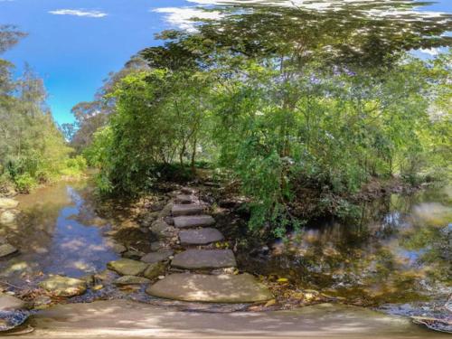 a stream with a stone path and trees and water at Stone 1Bedroom Cottage in Sydney