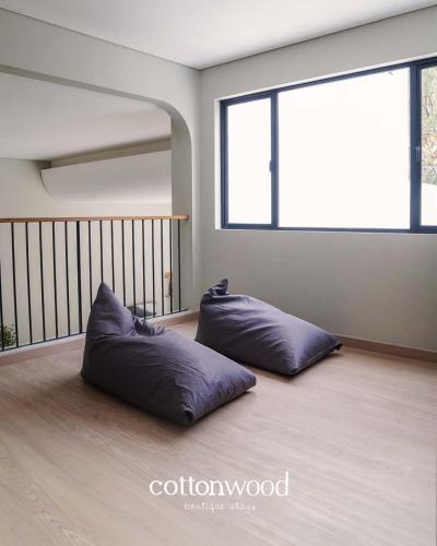 two pillows sitting on the floor in a room at Cottonwood Casarean Layar300inch Heated-Pool Billyard Api-Unggun in Tegalharendong
