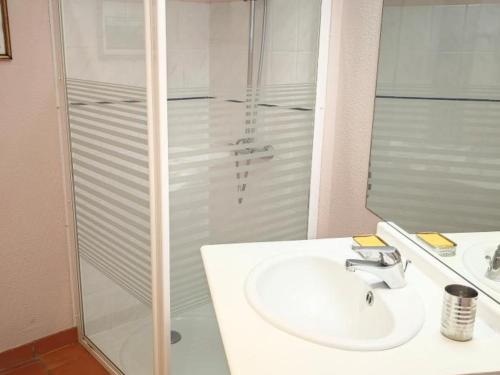 une salle de bain avec un lavabo et une douche en verre dans l'établissement Évasion Romantique: Charmant Gîte 2 Pers., Parc Boisé, Activités & Confort Tout Inclus - FR-1-381-455, à Souvigny-de-Touraine