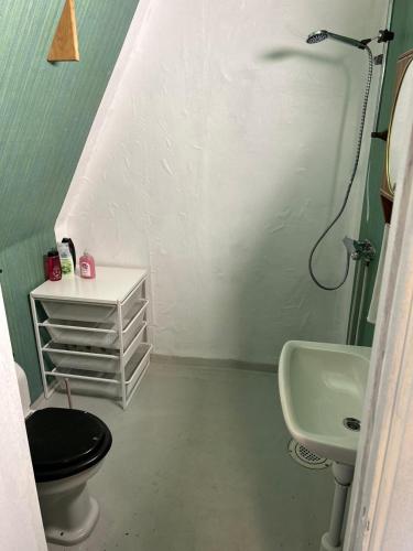 a bathroom with a sink and a toilet and a shower at House with playground visit Isaberg and High Chaparral in Dannäs