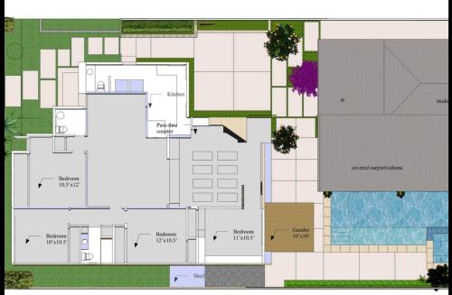 a plan of a house with a pool at Oasis with pool and music studio by BENVENU in Los Angeles