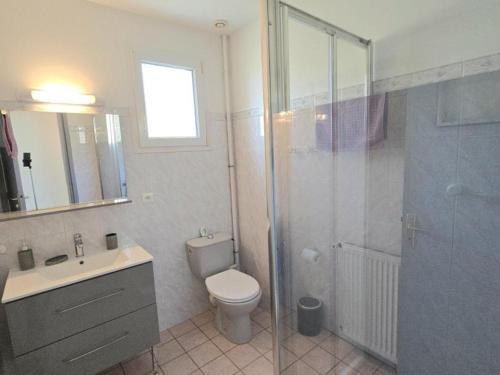 a bathroom with a shower and a toilet and a sink at Gîte familial avec piscine commune, WiFi et animaux acceptés au cœur du Périgord - FR-1-616-288 in Le Bugue