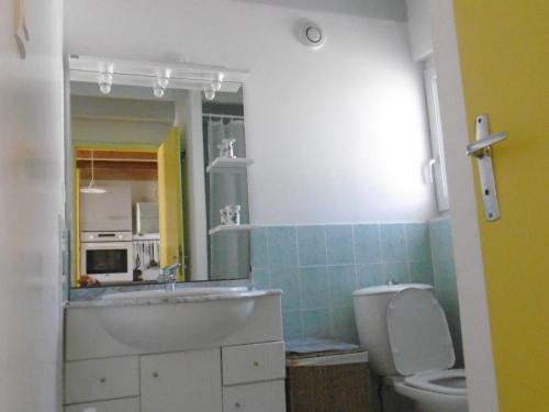 une salle de bain avec un lavabo, des toilettes et un miroir dans l'établissement Maison près plage Noirmoutier pour 6 avec jardin - FR-1-823-141, à Barbâtre