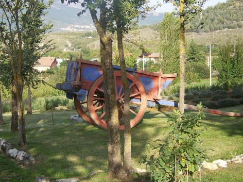a large wooden cart stuck in a tree at La Radice in Paganica
