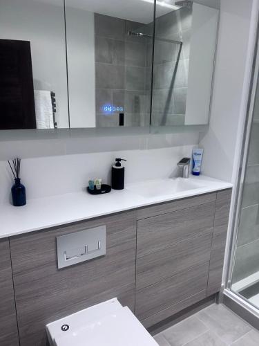 a bathroom with a white sink and a toilet at The Sunrise Den-Lovely 2 bedroom apartmentParking in Harlow