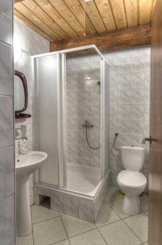 a bathroom with a shower with a toilet and a sink at Agroturystyka Uroczysko in Sianów