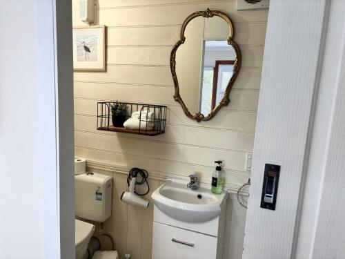 ein Badezimmer mit Waschbecken und Spiegel in der Unterkunft Stonez Boutique Accommodation in Clunes