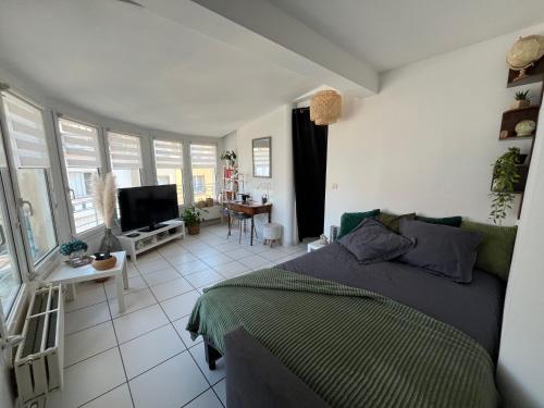 a bedroom with a bed and a room with a tv at le marnie in Metz