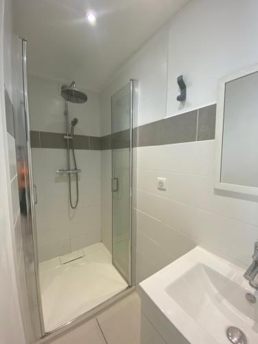 une salle de bain avec douche et lavabo dans l'établissement Appartement climatisée Alès, à Saint-Privat-des-Vieux