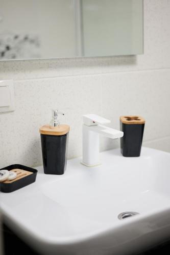a bathroom with a sink and two toilets on a counter at Poiana Bucovat in Gura Humorului