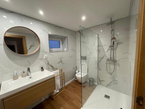 a bathroom with a sink and a shower with a mirror at Casa do Ferreiro T3 in Venda Nova