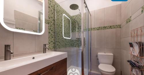 une salle de bain avec un lavabo, une douche et des toilettes dans l'établissement Aix-en-Provence, Centre ville quartier Mazarin, magnifique loft, à Aix-en-Provence