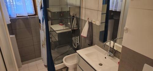une petite salle de bain avec toilettes et lavabo dans l'établissement Villa les ouliveiredo1, à Tourves
