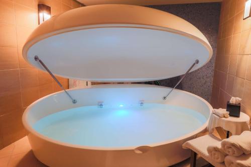 a bath tub in a bathroom with a large mirror at Hyatt Regency Lake Tahoe Resort, Spa & Casino in Incline Village