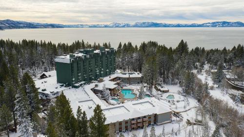 an aerial view of a hotel in the snow at Hyatt Regency Lake Tahoe Resort, Spa & Casino in Incline Village
