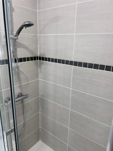 une salle de bain avec une douche avec pommeau de douche dans l'établissement Le Cosy - T2 avec petite cour dans centre historique de Nérac, à Nérac